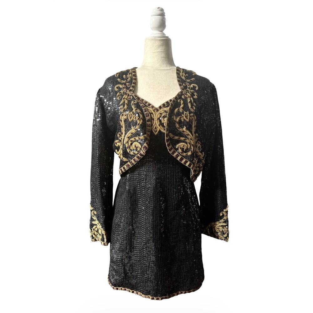 RARE Vintage Mannequin 1980s Black & Gold Sequin 2-piece Cocktail Dress & Blazer